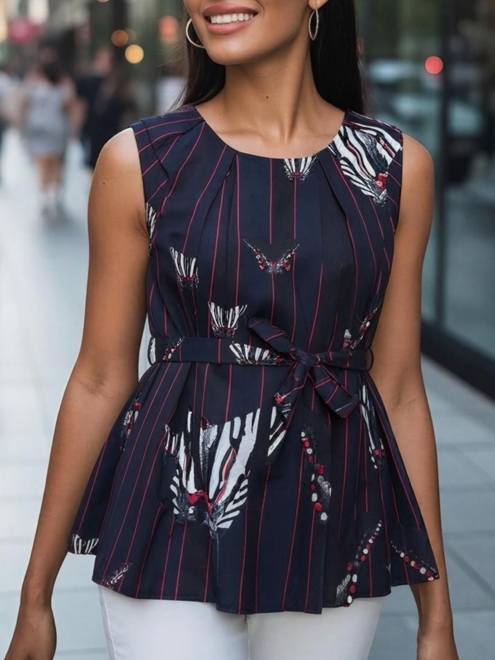 Vintage ERDEM Navy Black Red Stripes Peplum Top Butterflies 100%Silk US 6 EUC
